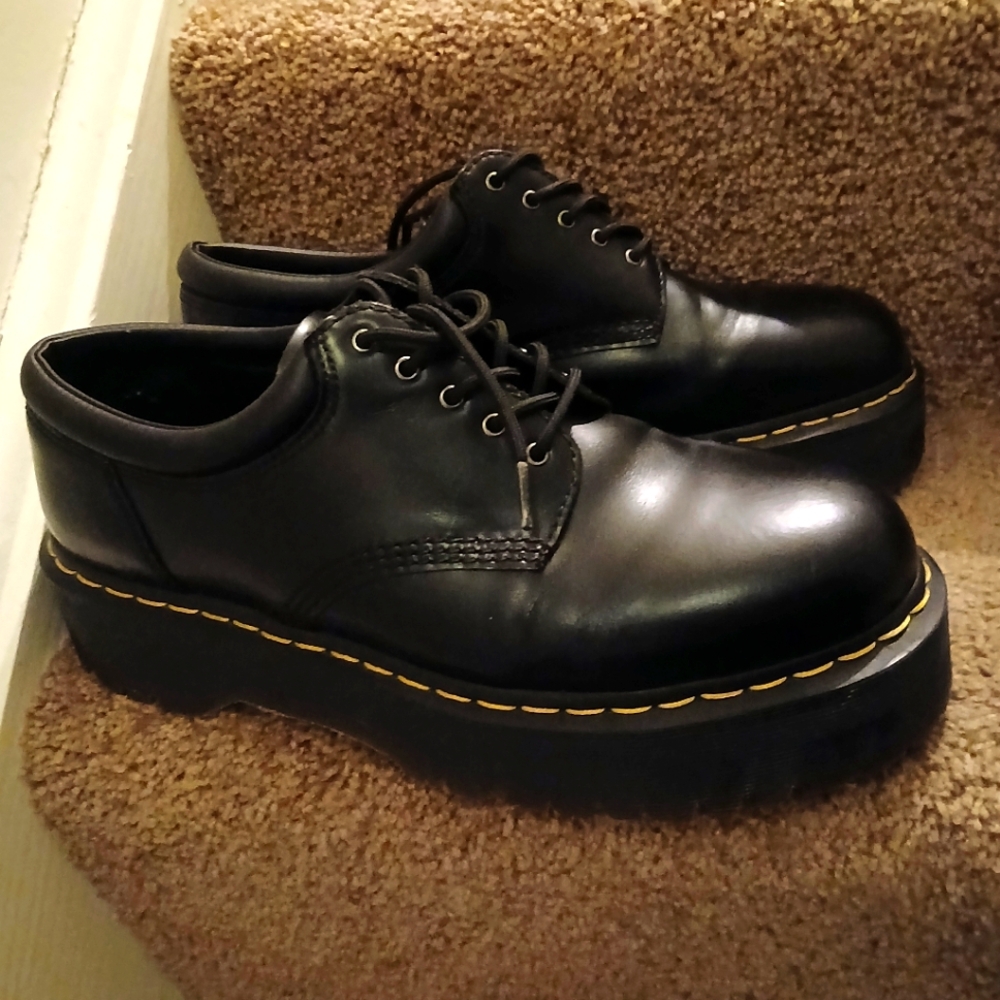 Dr. Martens Black Leather Platform Derby Shoes with Yellow Stitching